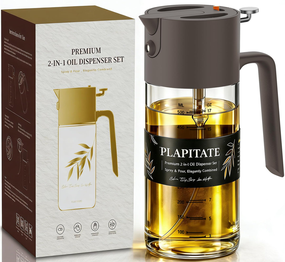 PLAPITATE 17oz/500ml Premium Olive Oil Sprayer for Cooking, 2 in 1 Glass Olive Oil Dispenser Bottle for Kitchen Gadgets, Spray Bottle with Portion Control for Salad, Frying, BBQ (Black)