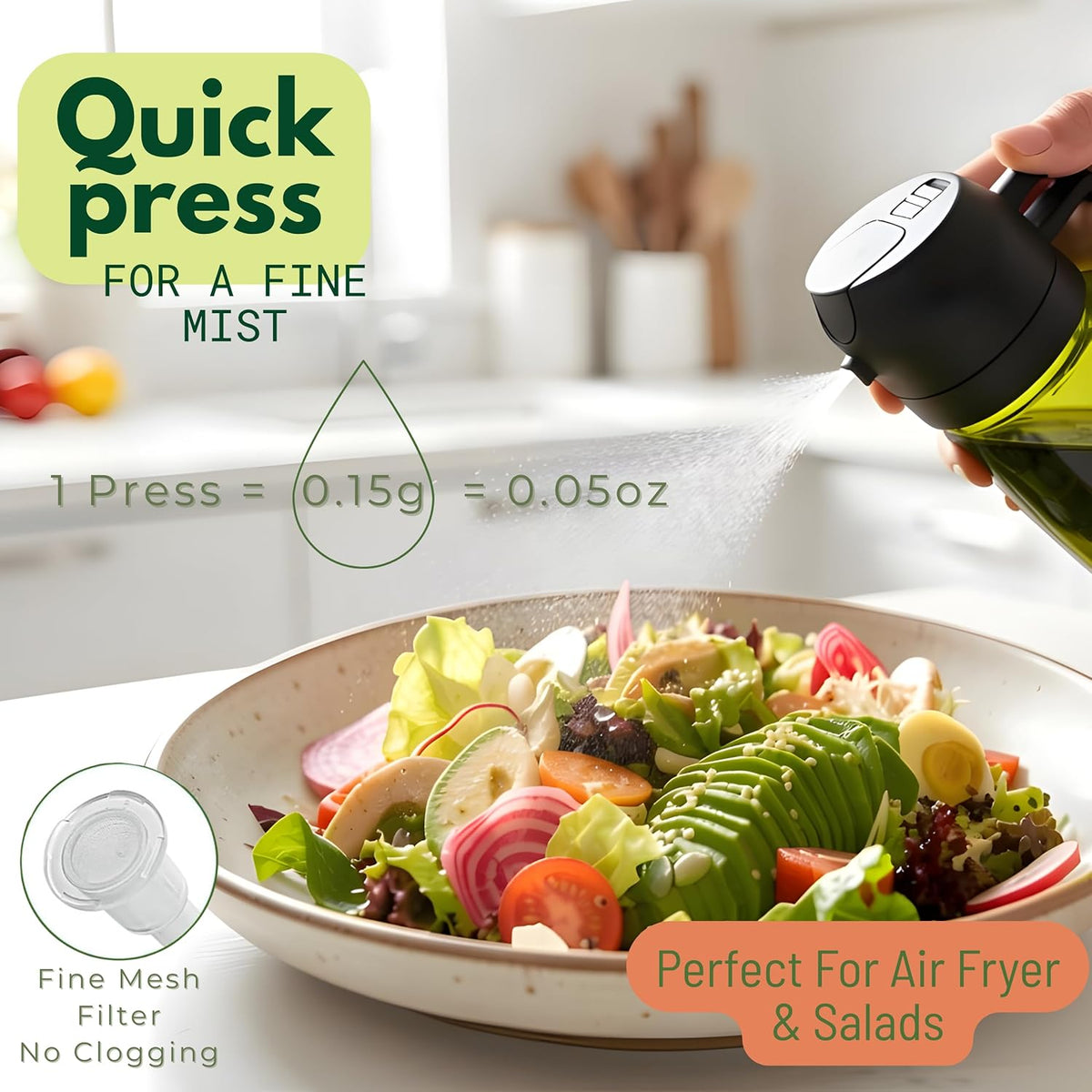 Glass Olive Oil Sprayer for Cooking 16oz/470ml – Dark-Green 2 in 1 Glass Oil Sprayer & Dispenser with Scale, Kitchen Gadgets & Air Fryer Accessories, Olive Oil Dispenser – Black