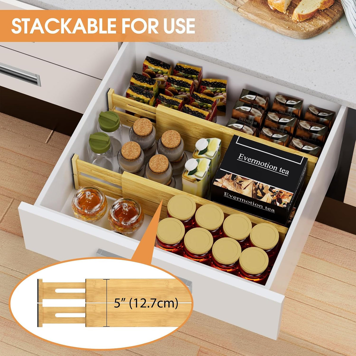 Bamboo Drawer Dividers, Adjustable Drawer Organizers, Fits 12.6–16" Drawers