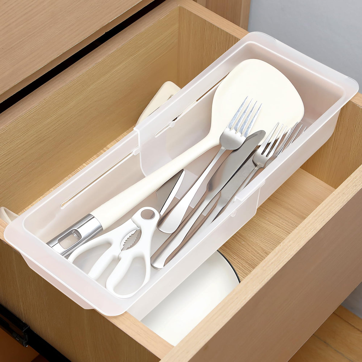 2 Pack Deep Drawer Organizer Bins, Adjustable Sliding Drawer Organizer Bin Expandable Tray for Kitchen Utensils, BBQ Tools, Towels, Durable Plastic Sliding for Easy Storage (12.4" to 18")