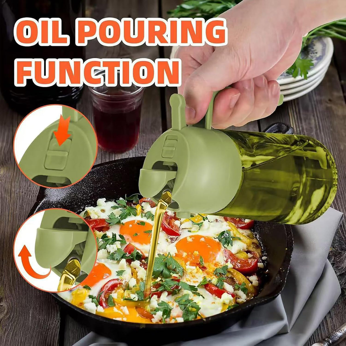 Oil Sprayer and Dispenser for Cooking- 2 x 16 oz Pack, Olive Green Glass to Preserve Fresh Oil, Suitable for Air Fryer, Roasting, Grilling, Barbecue, and Salad. (Black, Green)