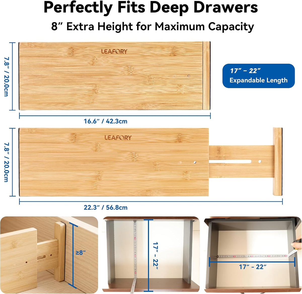 4 Pack 8" Deep Bamboo Drawer Dividers, 17-22" Expandable Kitchen Organizers