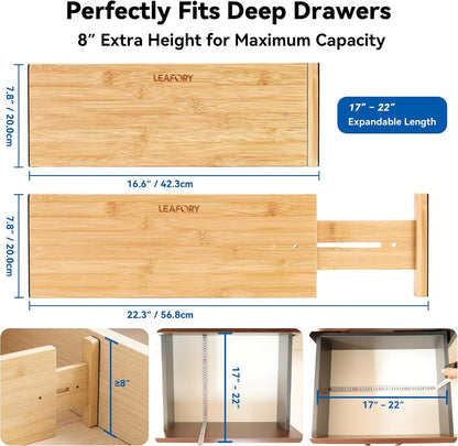 4 Pack 8" Deep Bamboo Drawer Dividers, 17-22" Expandable Kitchen Organizers