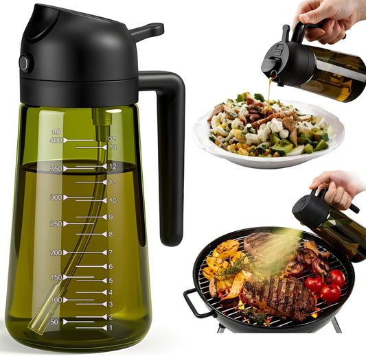 Glass Olive Oil Sprayer for Cooking 16oz/470ml – Dark-Green 2 in 1 Glass Oil Sprayer & Dispenser with Scale, Kitchen Gadgets & Air Fryer Accessories, Olive Oil Dispenser – Black