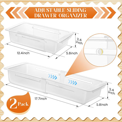 2 Pack Deep Drawer Organizer Bins, Adjustable Sliding Drawer Organizer Bin Expandable Tray for Kitchen Utensils, BBQ Tools, Towels, Durable Plastic Sliding for Easy Storage (12.4" to 18")