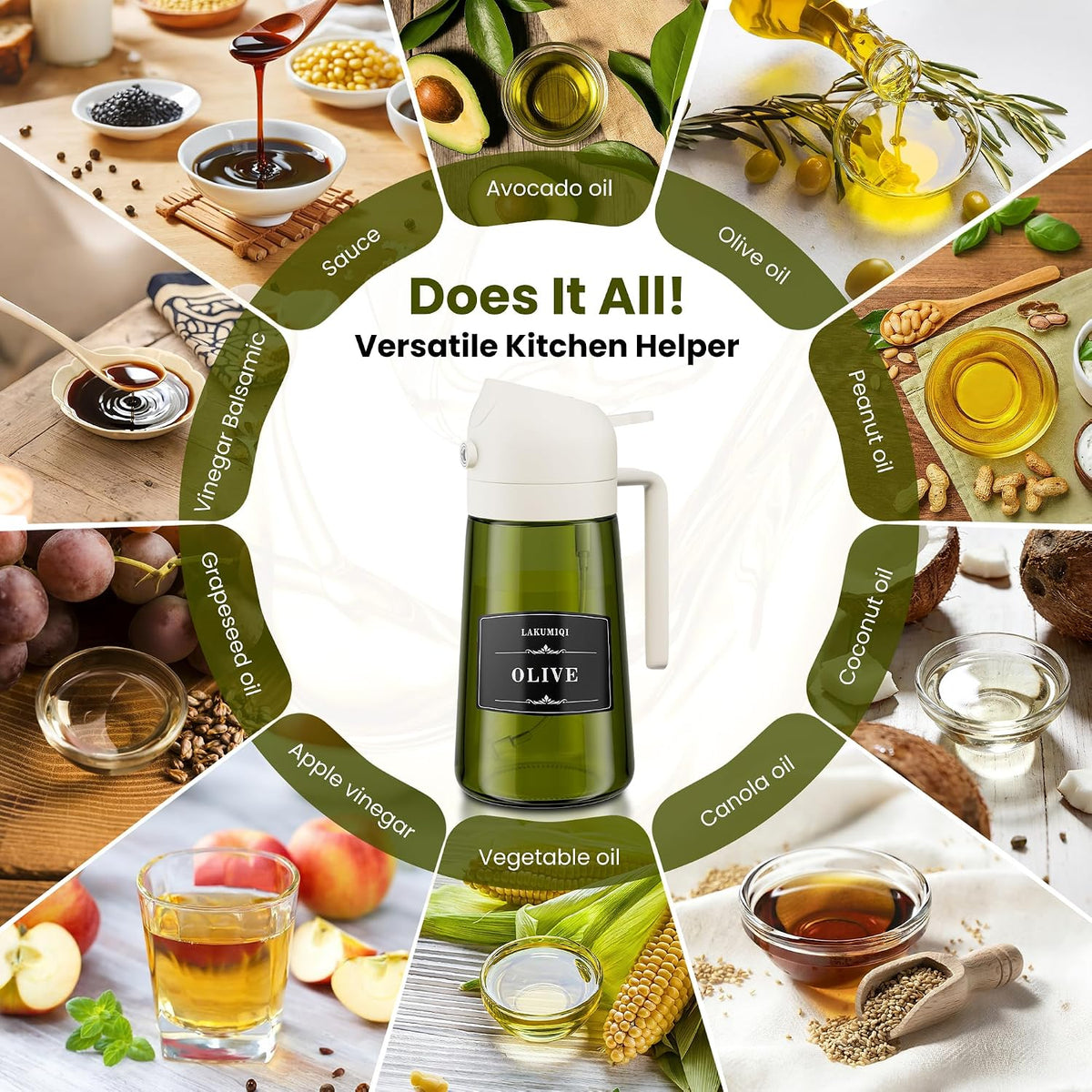 Oliver Oil Sprayer Dispenser for Cooking Bottle 16oz Green Glass White