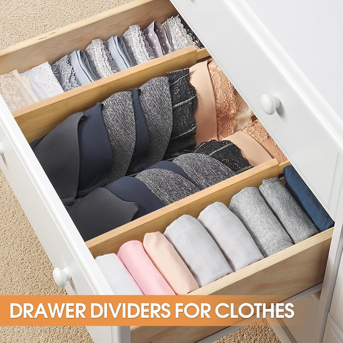 Bamboo Drawer Dividers, Adjustable Drawer Organizers, Fits 12.6–16" Drawers