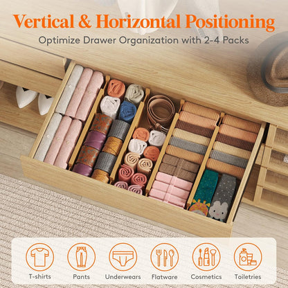 Lifewit 4" High Dresser Drawer Dividers, Adjustable Bamboo Drawer Organizer