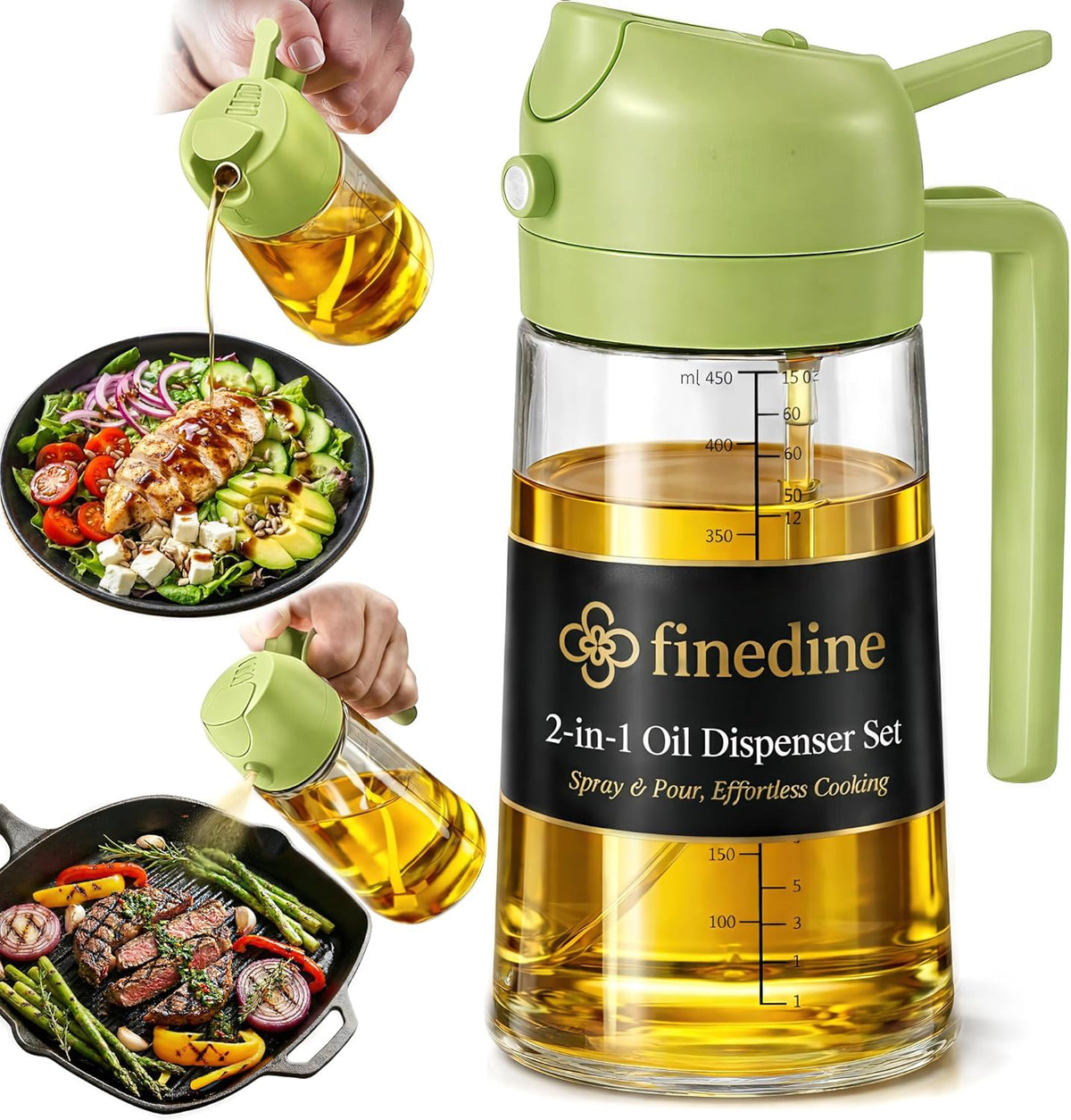 FineDine 16 oz Glass Olive Oil Sprayer for Cooking, Oil Dispenser, Green