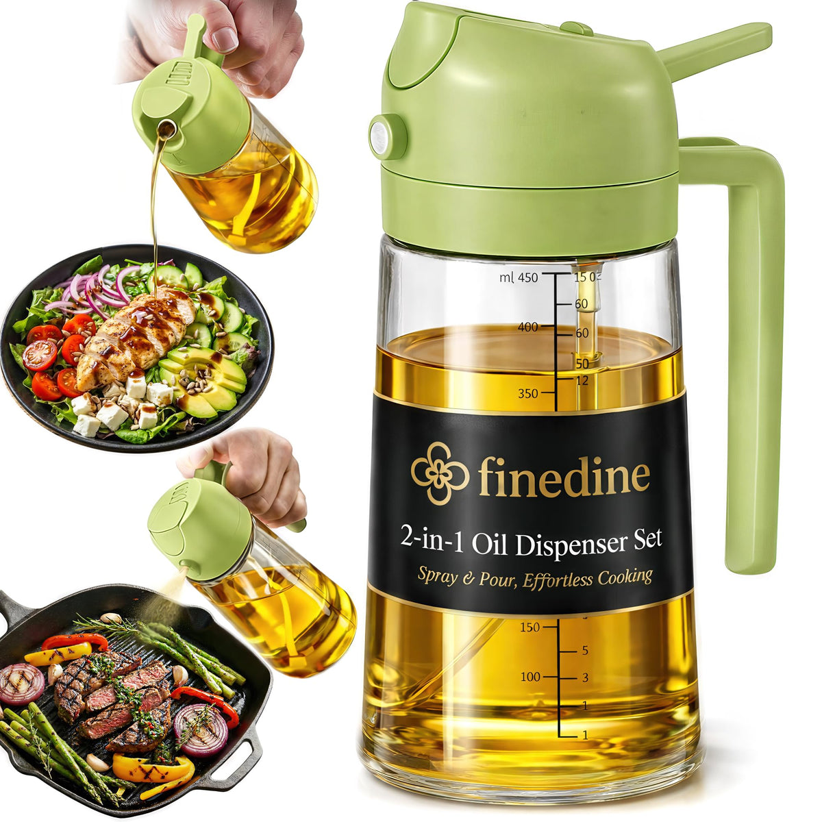FineDine 16 oz Glass Olive Oil Sprayer for Cooking, Oil Dispenser, Green
