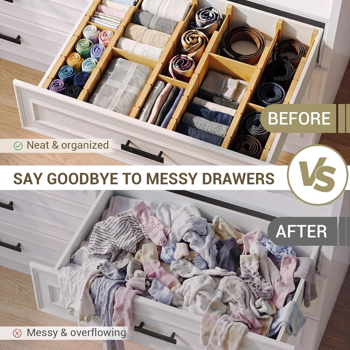 Deep Drawer Dividers For Clothes,Expandable Drawer Organizer (6, Long)