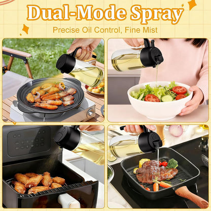 16oz Glass Oil Spray Bottle, 2-in-1 Dispenser with Pour Spout, for Cooking Air Fryers Salads BBQ(Black)