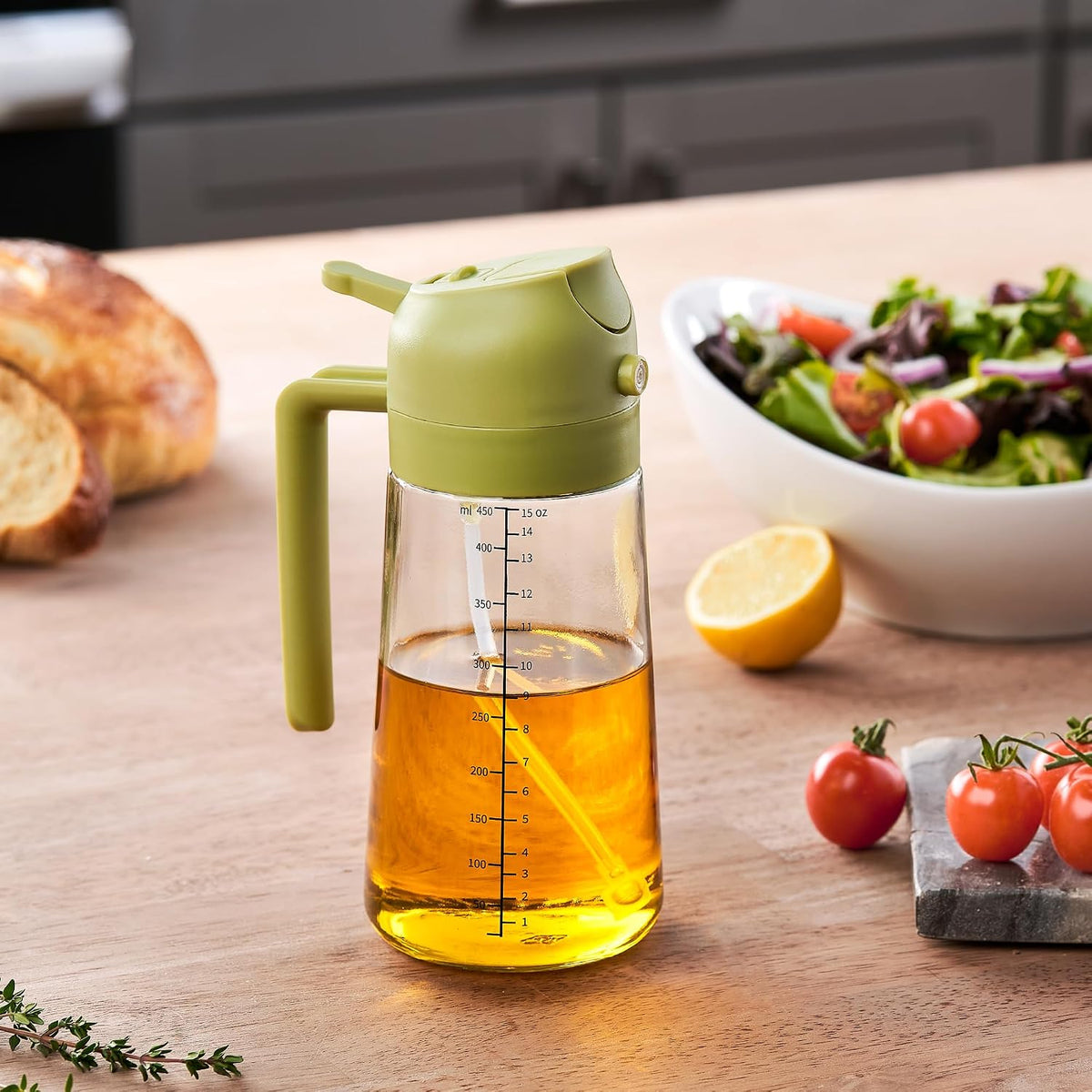 FineDine 16 oz Glass Olive Oil Sprayer for Cooking, Oil Dispenser, Green
