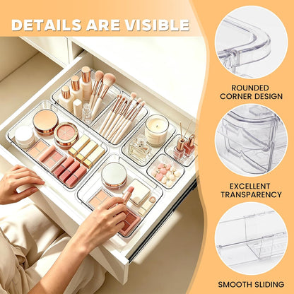 20PCS Clear Drawer Organizer Set, Expandable Acrylic Vanity Storage Bins, 2 Sizes Adjustable Plastic Junk Drawer Dividers, BPA-Free Non-Slip Stackable Organizers for Makeup, Bedroom, Office & Tools