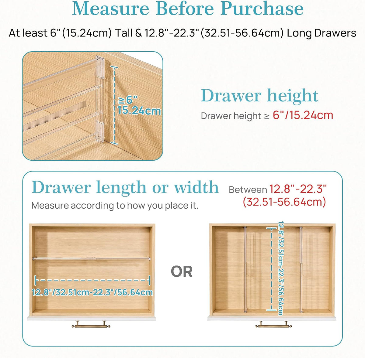 Vtopmart 6" Tall Upgrade Drawer Dividers, 12.8"-22.3" Expandable, 8 Pack
