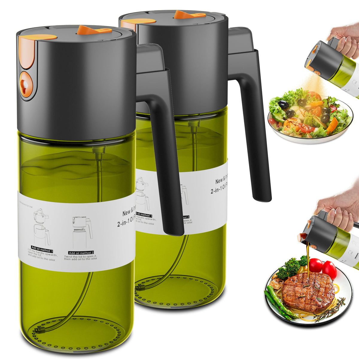 LAKUMIQI 2 in 1 Oil Sprayer & Dispenser, 17 oz Light-Blocking Glass Bottle