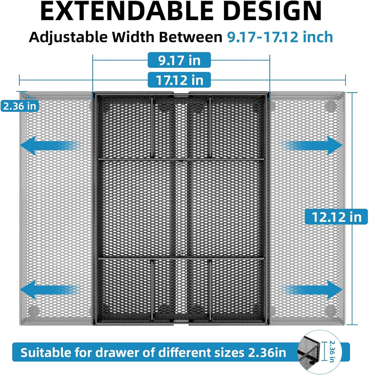 Marbrasse Expandable Desk Drawer Organizer, Mesh Drawer Organizer Tray with 10 Adjustable Compartments, Desk Organizers and Accessories, 5 Dividers Drawer for Office Supplies, Makeup & Vanity (Black)