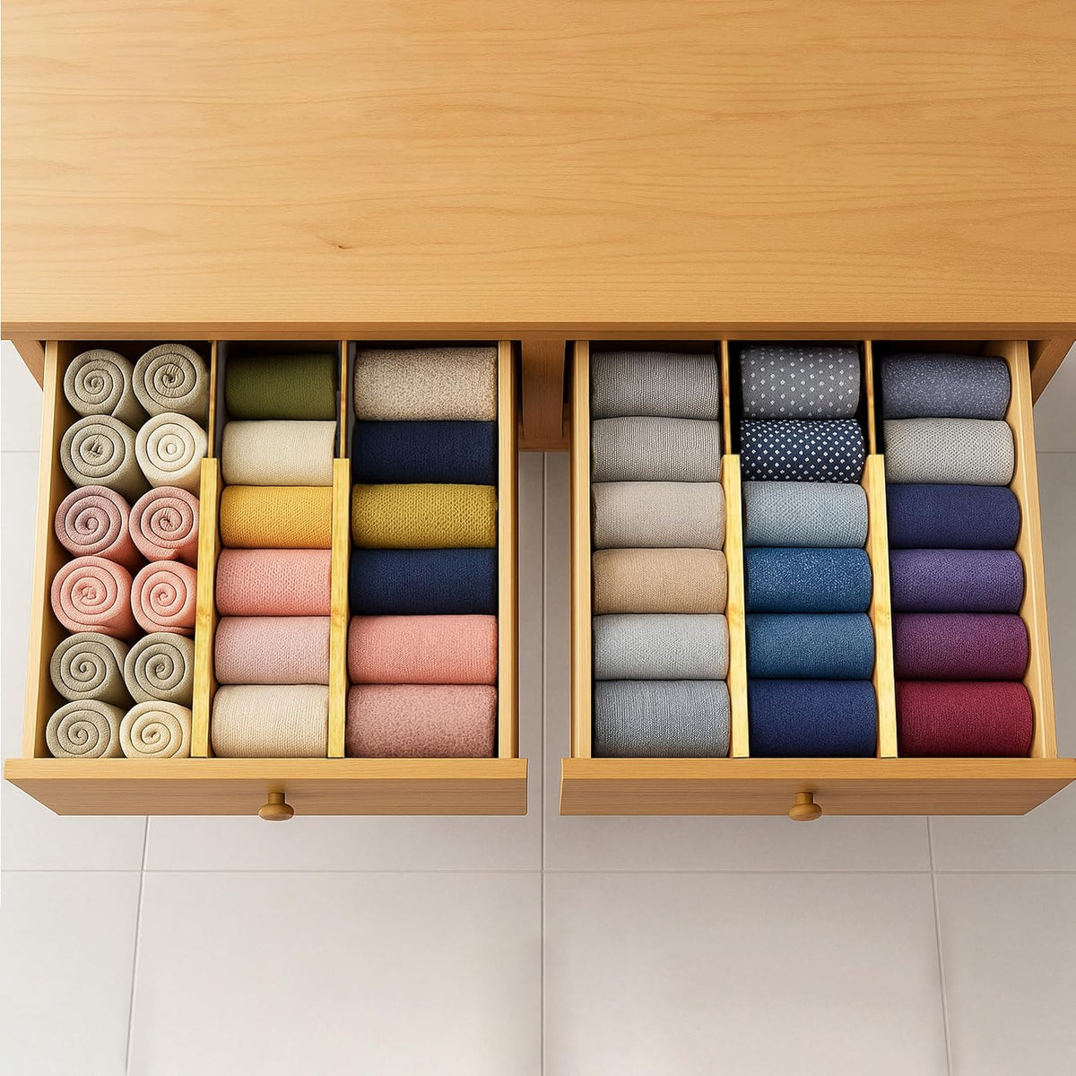 Bamboo Drawer Dividers 6 Pack with Non Slip Liner, Adjustable Expandable Drawer Organizer for Dresser, Kitchen, Bathroom, 4.5 Inch Tall Separators for Clothes, Fits 12 to 17.5 Inch Drawers
