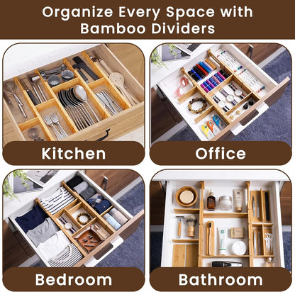 6 Pack Bamboo Drawer Dividers with 12 Inserts, Adjustable 17–22 Inch Expandable Drawer Organizer for Kitchen, Dresser & Closet, Bamboo Kitchen Drawer Organizer, Drawer Divider Set